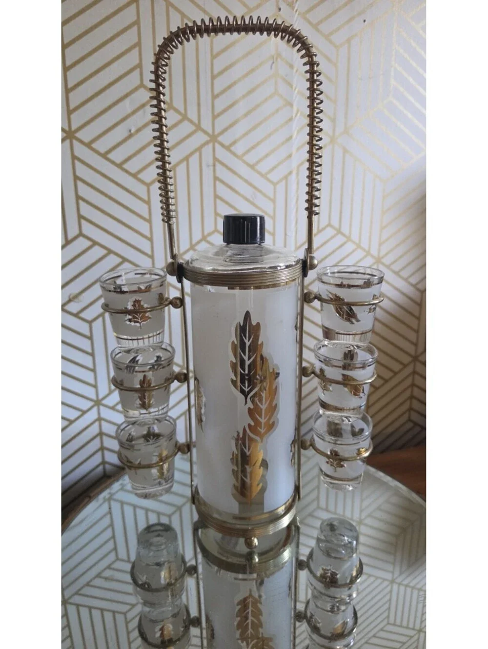 Vintage Libbey Starlyte Gold Leaf Foliage Barware Decanter/ Shot Glass Set Caddy
